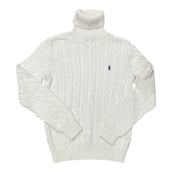 Ralph Lauren Sport Sweater Womens L Cable Knit Turtleneck Pullover Preppy Cream - Picture 2 of 8